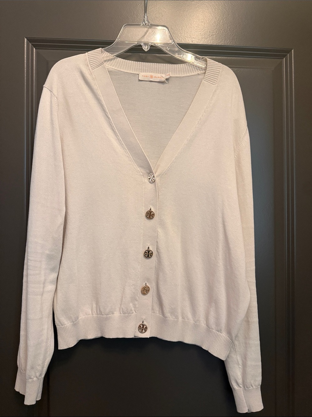 Tory Burch Ivory V-Neck Logo Button Cardigan Cotton